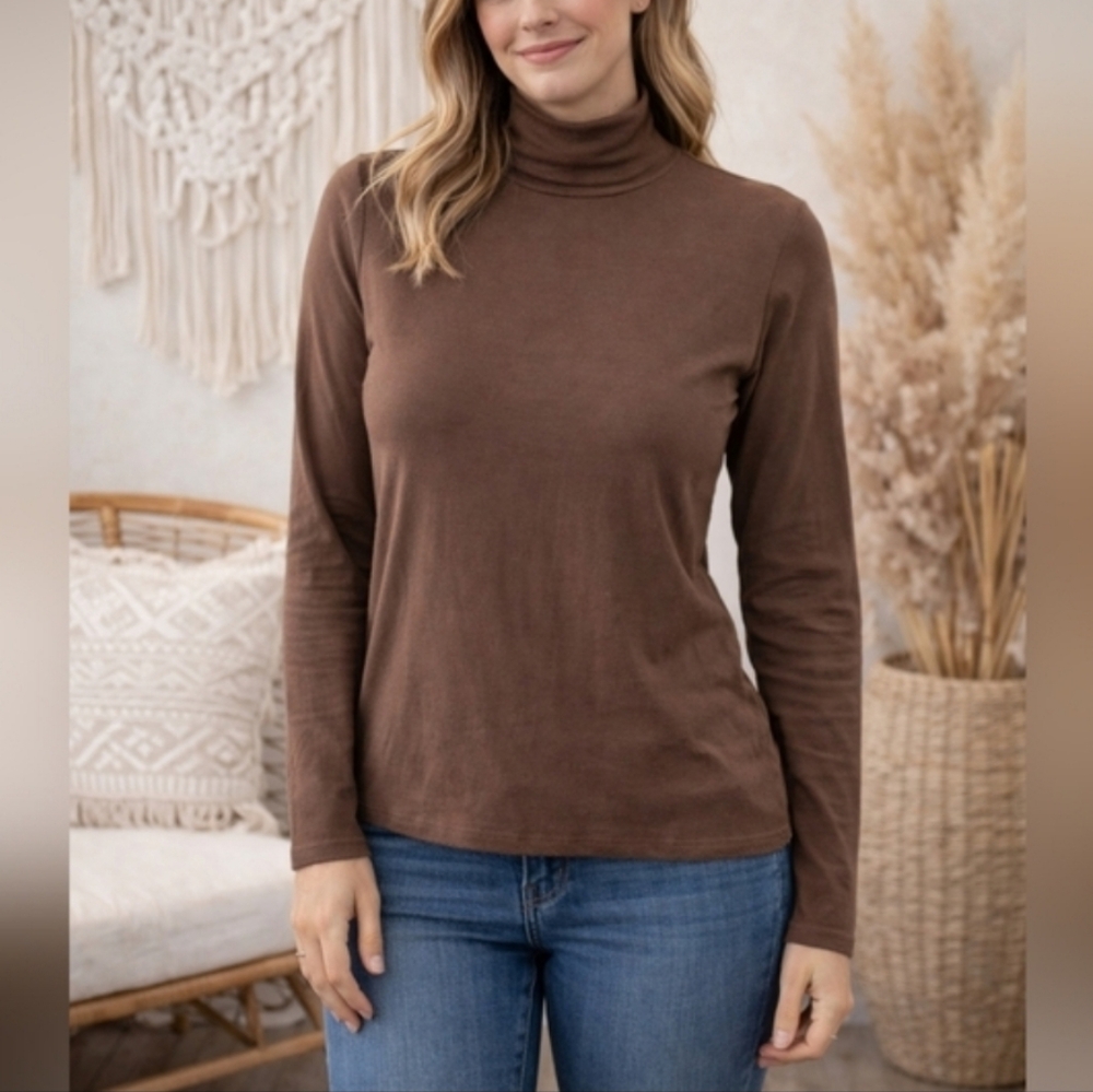 Warehouse Brown Turtleneck Top XS Women’s Stretch Cotton Long Sleeve Minimalist